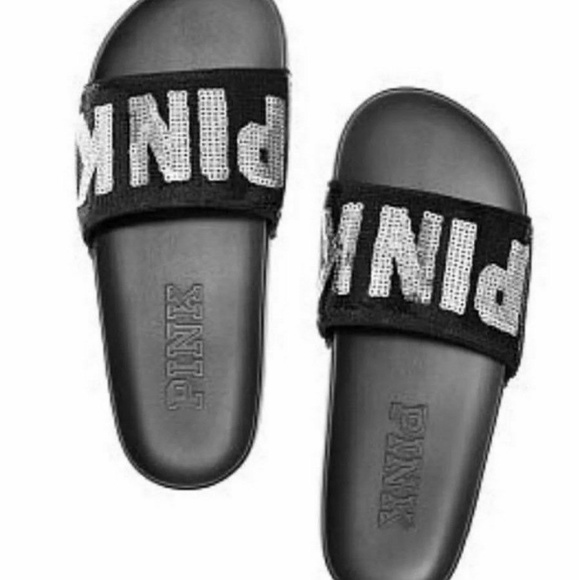 Victoria's Secret Pink Slides Black Silver SOLD - Picture 1 of 2